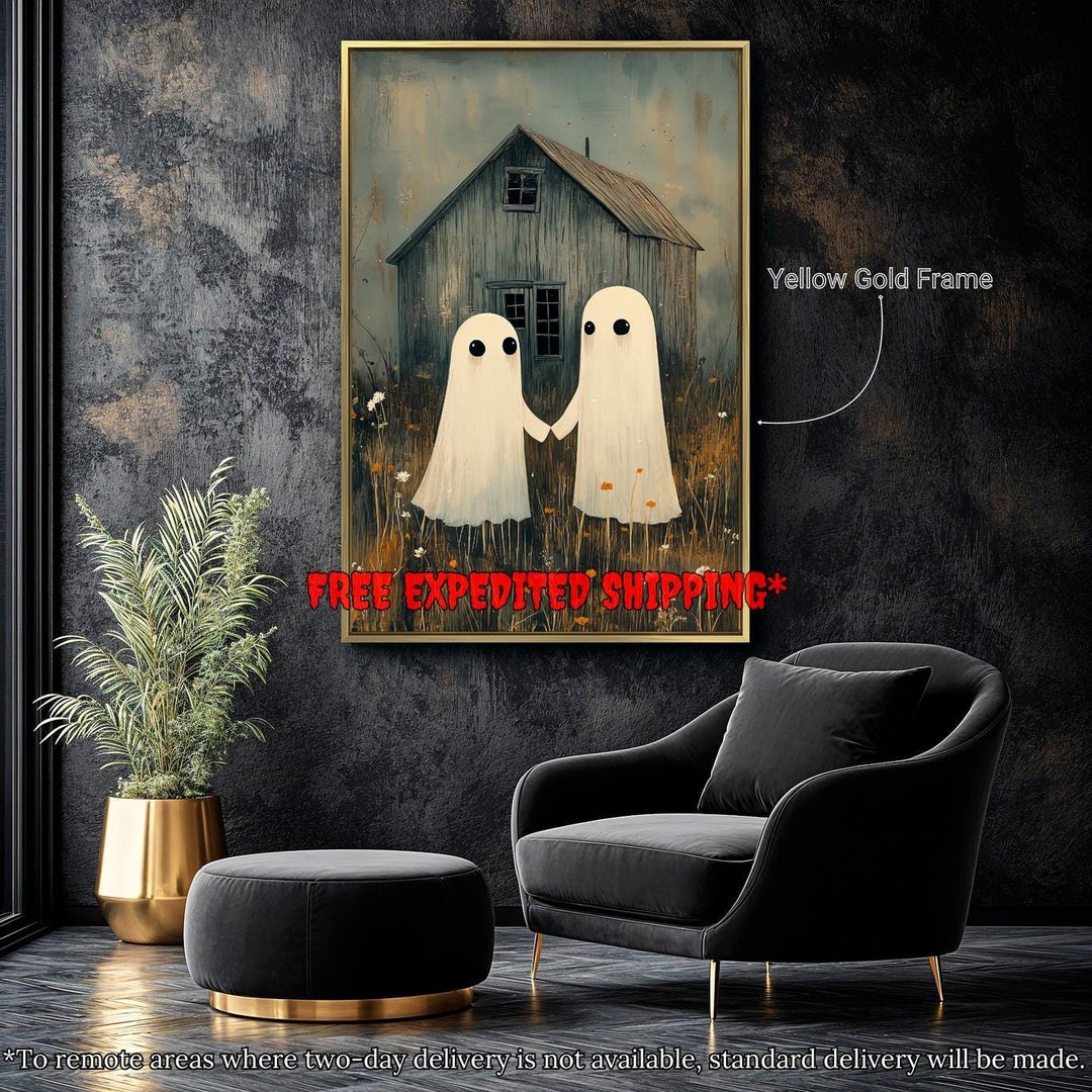 Cute Spooky Ghosts in Field Framed Canvas Wall Art Autumn Haunted ...