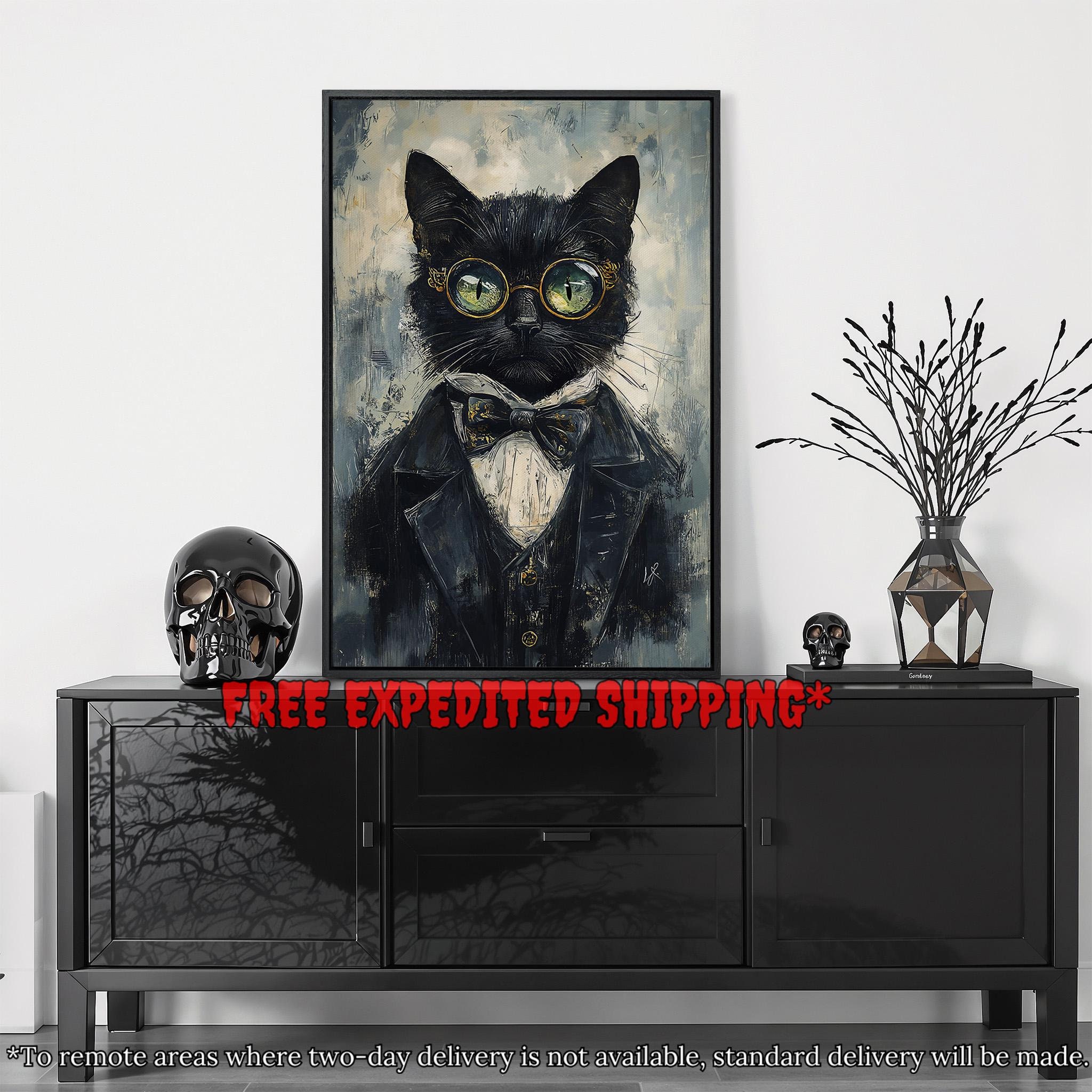 Whimsical Cat Portrait Framed Canvas Wall Art Animal with Glasses Painting Print Anthropomorphic Decor Dark Cottagecore Poster Ready to Hang