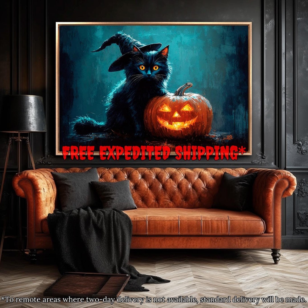 Witchy Black Cat With Pumpkin Framed Canvas Wall Art Spooky Painting ...