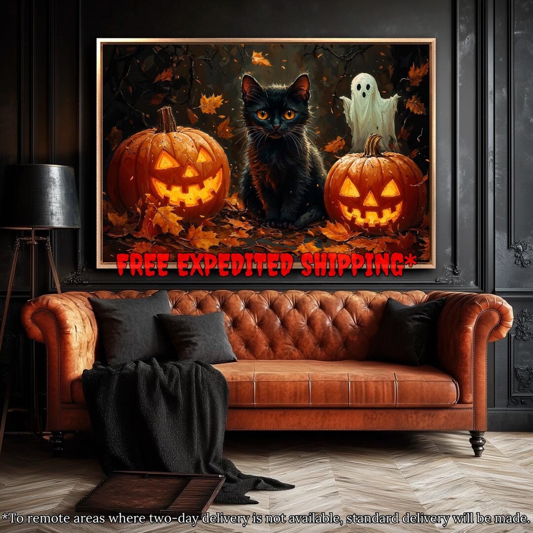 Halloween Black Cat Framed Canvas Wall Art Jack O Lantern Decor Ghost ...