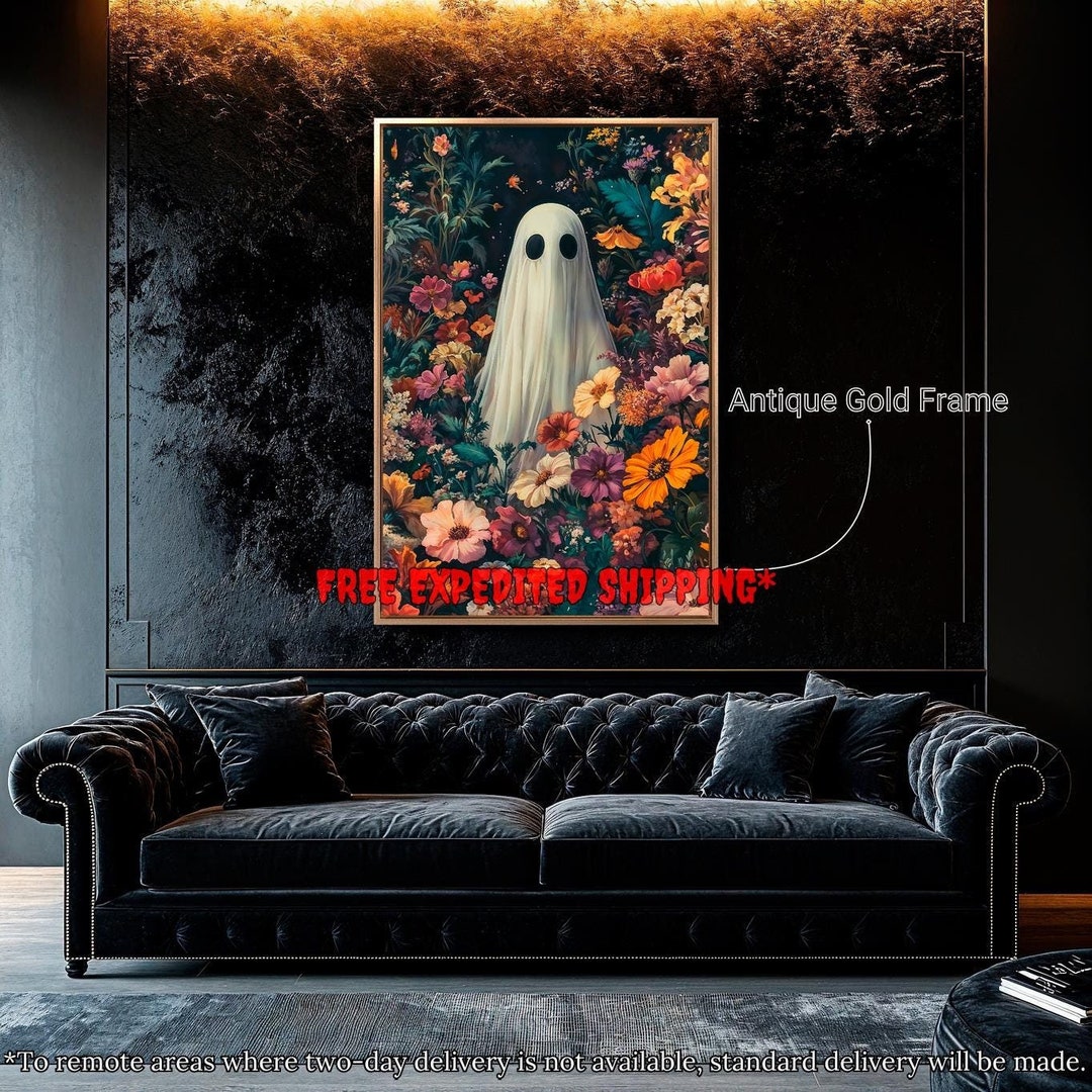 Ghost in Floral Garden Framed Canvas Wall Art Whimsical Flower Print ...