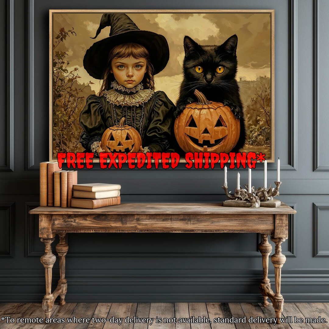 Witch and Black Cat With Pumpkins Framed Canvas Wall Art Spooky Vintage ...