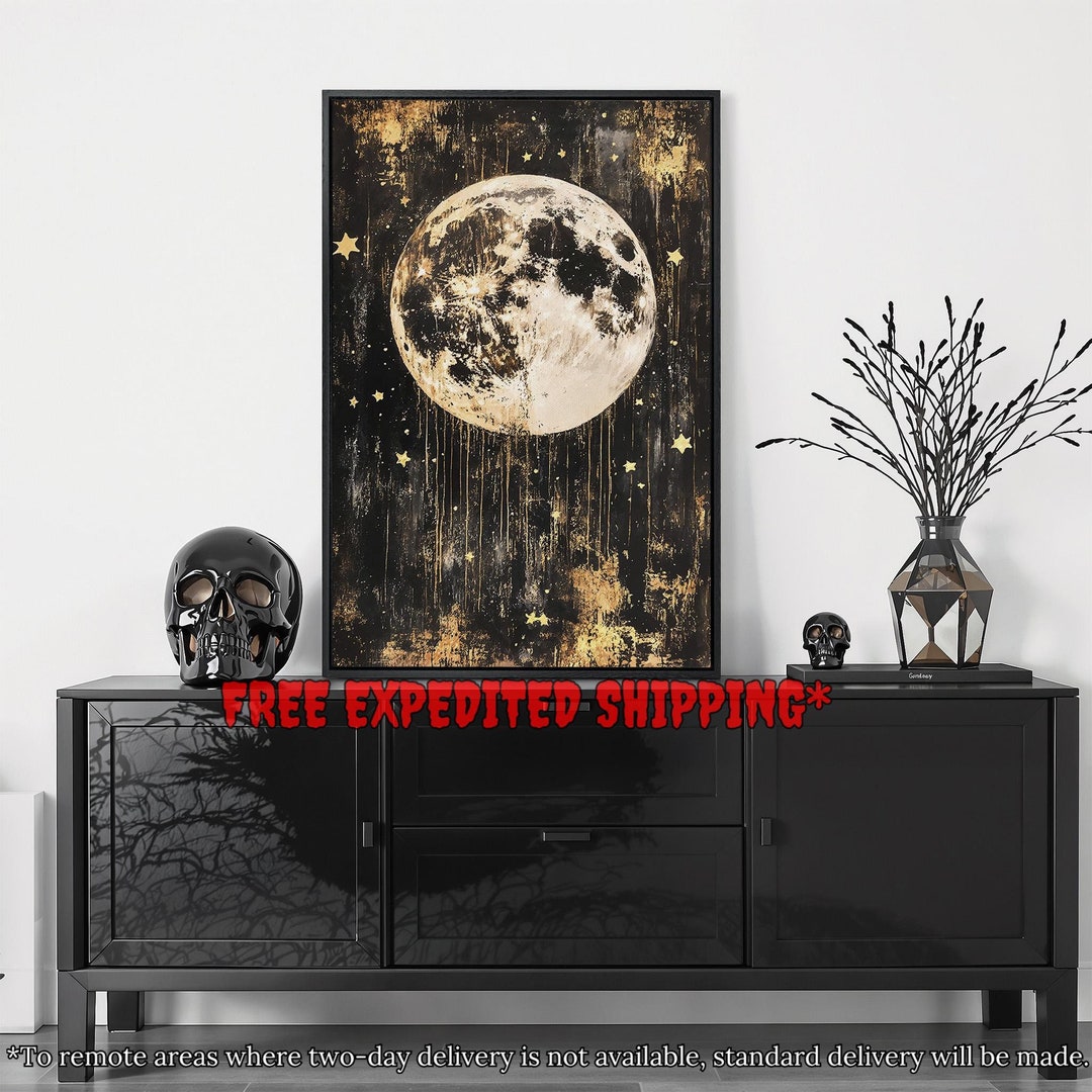 Large Full Moon Framed Canvas Wall Art Black Gold Space Painting Print ...