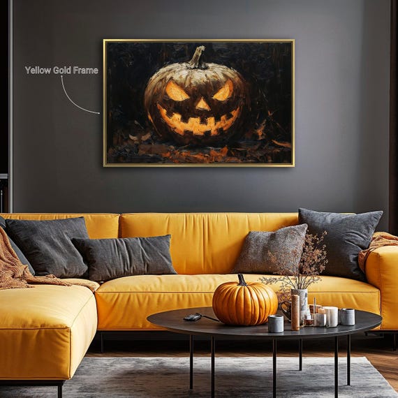 Spooky Jack O Lantern Framed Canvas Wall Art Creepy Pumpkin Print Eerie Halloween Decor Dark Gothic Poster Fast Shipping Free Ready to Hang