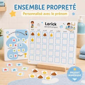 Peut inclure: Un ensemble de tableau de récompense pour la propreté comprenant une plaque blanche avec le texte Lorick devient propre, les jours de la semaine et des cases. Inclut une petite plaque avec le texte Sur la route de la propreté et des jetons.
