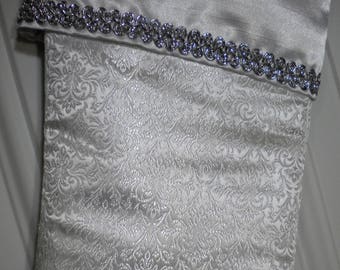 Victorian Christmas Stocking in Silver on White Brocade