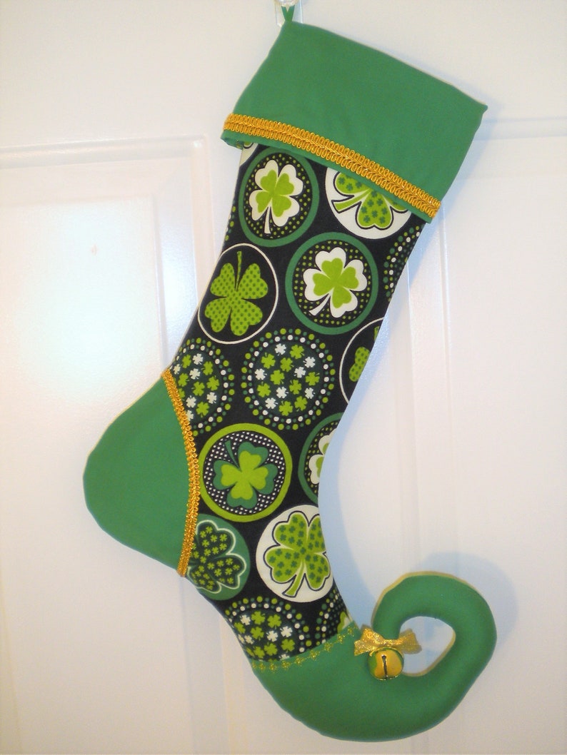 Christmas Stocking With Curly Elf Toe in Irish Shamrock Print Etsy