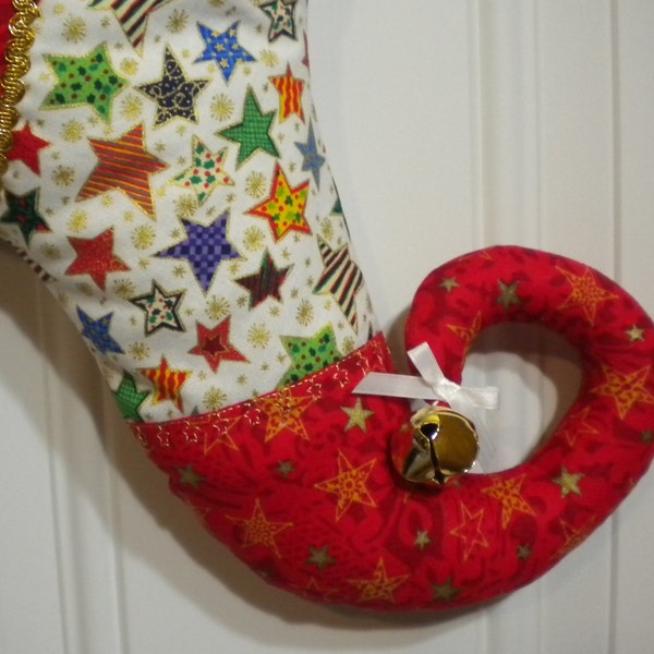 Quilted Christmas Stocking with Stars Galore and a  Curly Elf Toe