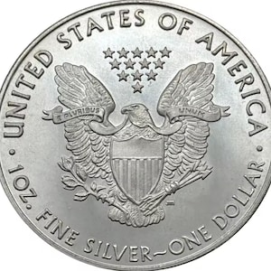以下が含まれることがあります： 「UNITED STATES OF AMERICA」と「ONE DOLLAR」の文字が縁に刻まれた銀貨。翼を広げた鷲、盾、そして「E PLURIBUS UNUM」の文字が特徴です。このコインは1オンスの純銀製です。