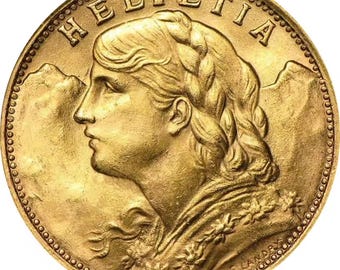 Moneda suiza de 20 francos Helvetia de 1899, chapada en oro de alta calidad.