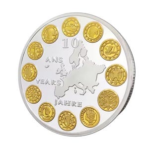 Pièce du 10e anniversaire de l'euro en métal argenté - Carte de l'Union européenne et symboles monétaires - Pièce de collection
