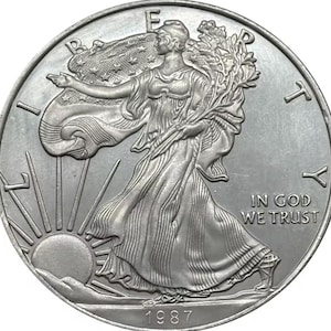 Op de afbeelding: Een zilveren munt met Lady Liberty die naar links loopt, gekleed in een vloeiende jurk en takken draagt. De munt is gegraveerd met "LIBERTY" en "IN GOD WE TRUST", met het jaartal 1987 onderaan. Het ontwerp bevat een opkomende zon.