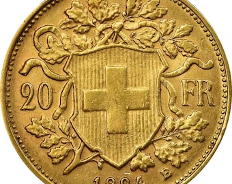 Moneda de 20 francos chapada en oro de Helvetia de 1904. Moneda chapada en oro de alta calidad.