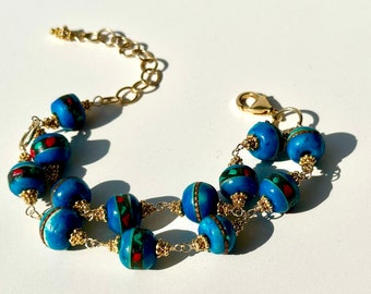 Turquoise inlaid Mala double strand bracelet