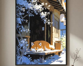 Sleeping Shiba Inu Art Print, Traditional Japanese House Poster, Vintage Anime Wall Art, Japandi Decor, Cozy Dog Illustration