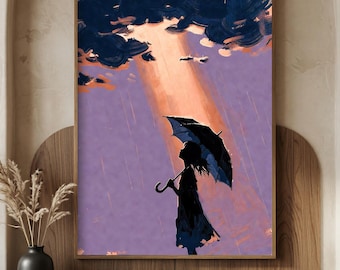 Girl with Umbrella Poster, Moody Rain Wall Art, Cinematic Sunset Print, Purple Sky Illustration, Melancholic Japanese Decor