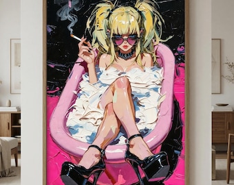 Alternative Anime Wall Art, Punk Girl Poster, Goth Room Decor, Retro 90s Anime Print, Tattoo Studio Wall Art, Textured Oil Painting