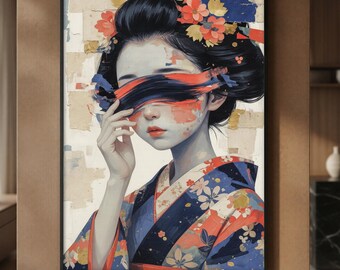 Japanese Geisha Wall Art, Contemporary Kimono Portrait, Wabi Sabi Print, Japanese Oil Painting, Elegant Asian Decor