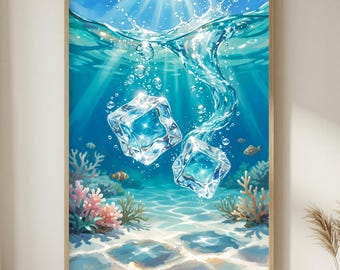 Tropical Ocean Ice Cubes Wall Art, Coastal Poster, Crystal Blue Underwater Illustration, Summer Beach House Decor, Sea Print
