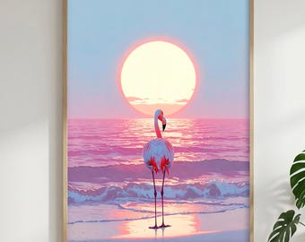 Flamingo Wall Art, Pink Ocean Print, Japanese Coastal Decor, Vintage Japanese Art, Anime Inspired Oil Painting