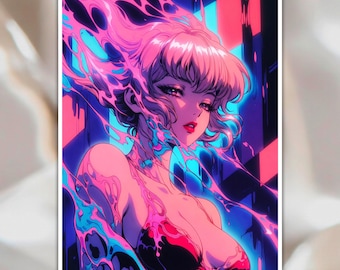 Trippy Retro Anime Woman, Psychedelic Sensual Iridiscent Girl Vinyl Kiss-Cut Sticker - Available in Multiple Sizes