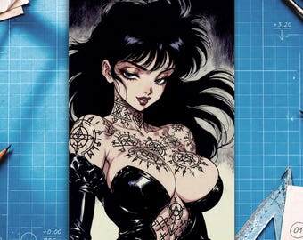 Retro Gothic Anime Woman Art Print, Dark Tattoo Girl Poster, Alternative Wall Decor (Available in Matte or Semi-Gloss)