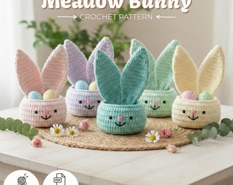 Crochet Easter Bunny Basket Pattern PDF, Rabbit Bag and Amigurumi Egg Holder Pattern, Spring Decor for Nursery Gift, Korb Häkelanleitung