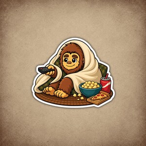 Pegatina acogedora de Bigfoot para manta, calcomanía de vinilo de Sasquatch para noche de películas, pegatina de críptido introvertido, estética de duende del sofá.