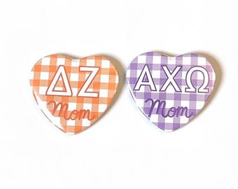 Sorority Buttons in School Colored Ginghams for Parents- Heart Shaped (mom), Round Shaped (dad)