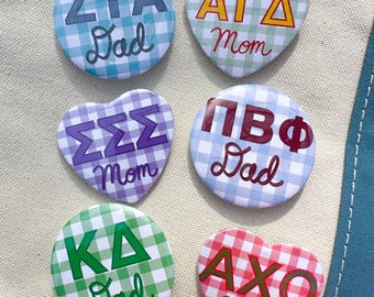 Sorority Buttons for Parents - Gingham, Heart Shaped (Mom) and Round Shaped (Dad)