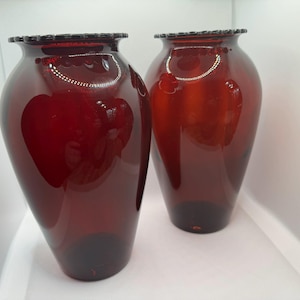 Two Vintage Anchor Hocking Ruby Red Glass 9&quot; Flower Vases