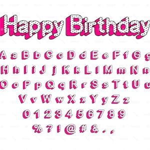 Alfabeto de personajes de dibujos animados Svg, letras de lunares, lunares blancos y negros de color rosa intenso, alfabeto completo, 0-9, símbolos, clipart de feliz cumpleaños