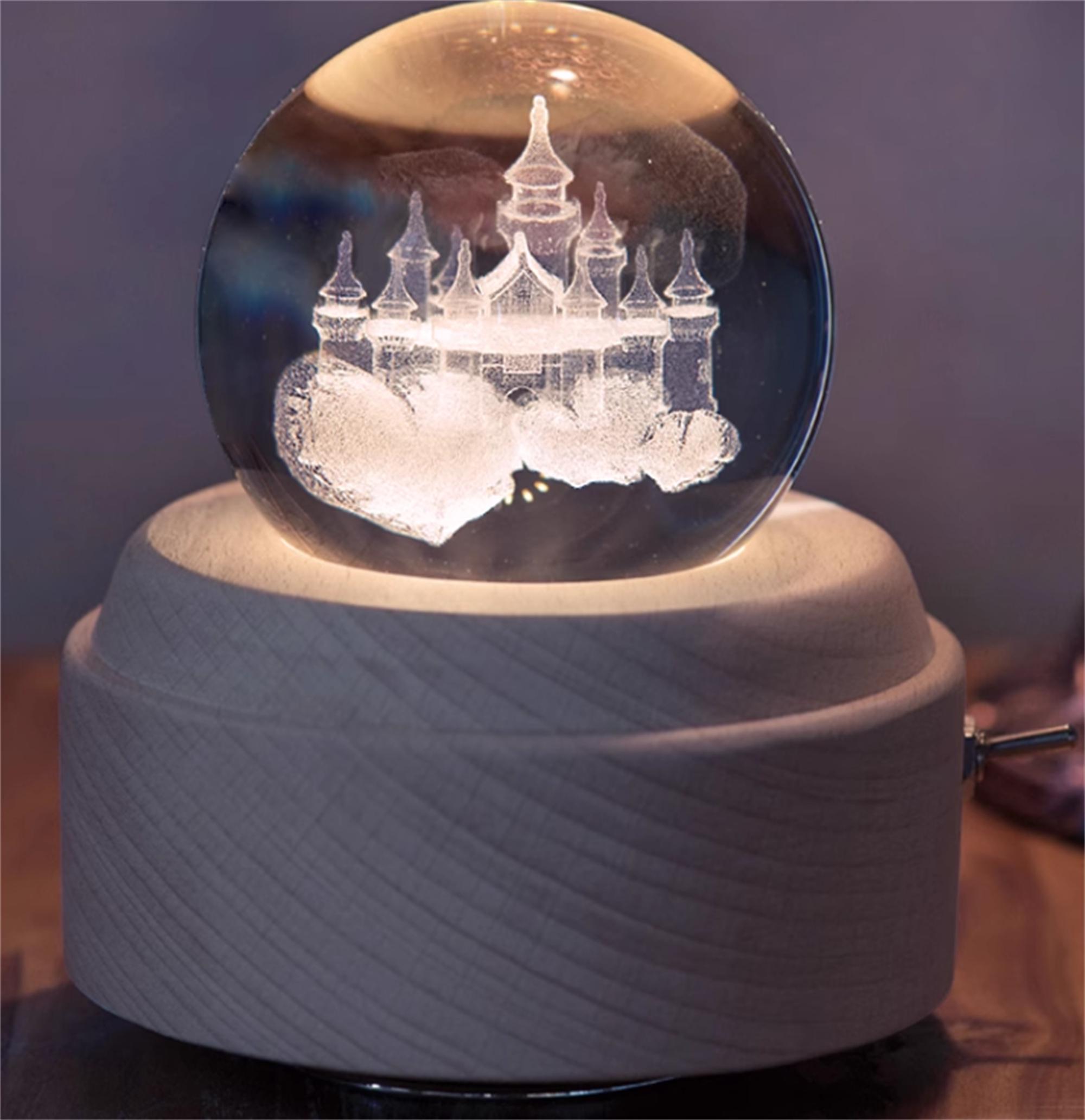 3D Crystal Ball Music Box with Projection LED Light and Rotating Wooden Base, Best Gift for Birthday, Valentine's Day - Castle