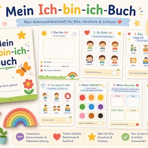 Könnte beinhalten: Ein farbenfrohes Kinder-Aktivitätsbuch mit dem Titel "Mein Ich-bin-ich-Buch" mit Illustrationen. Das Buch enthält Seiten für Selbstdarstellung, Gefühle und Vorlieben. Das Cover zeigt einen Regenbogen, einen Schmetterling und eine Blume. Für Kinder von 4-8 Jahren.