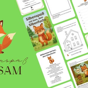 Könnte beinhalten: Eine Sammlung von Lernkarten mit grünem Hintergrund, die einen Cartoon-Fuchs zeigen. Die Karten zeigen Illustrationen eines Hauses, eines Fuchses und Text auf Deutsch. Die Worte "Silbenspaß MIT SAM" sind ebenfalls sichtbar.