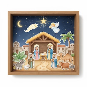 Könnte beinhalten: Eine gerahmte Weihnachtskrippe. Das Kunstwerk zeigt einen Stall mit Maria, Josef und dem Jesuskind, zusammen mit Engeln, Sternen und Tieren. Der Hintergrund ist ein dunkelblauer Nachthimmel mit einem Halbmond.