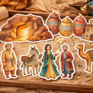 May include: Watercolor stickers of a religious theme, including a cave, jars, and figures of people, a donkey, and a camel. The stickers are arranged on a wooden tray with a parchment scroll and a golden oil lamp.