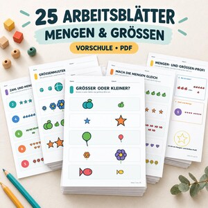 Peut inclure: Une pile de feuilles d'exercices éducatives intitulée 25 ARBEITSBLÄTTER MENGEN & GRÖSSEN VORSCHULE PDF. Les pages présentent des illustrations colorées de formes, fleurs, poissons et étoiles avec des exercices comme GRÖSSER ODER KLEINER.
