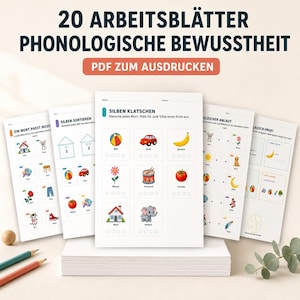 Könnte beinhalten: Ein Set aus 20 ausdruckbaren Arbeitsblättern zur phonologischen Bewusstheit mit Illustrationen von Objekten wie Ball, Auto, Banane, Blume, Trommel, Tomate, Haus und Elefant sowie Texten wie Silben Klatschen und Ein Wort Passt Nicht.
