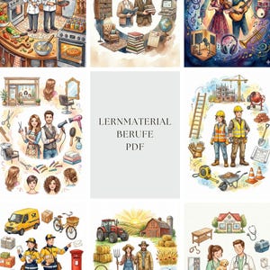 Könnte beinhalten: Aquarellillustrationen, die verschiedene Berufe darstellen. Szenen umfassen Köche, Bibliothekare, Musiker, Friseure, Bauarbeiter, Postboten, Landwirte und Tierärzte. Der Text "LERNMATERIAL BERUFE PDF" befindet sich in der Mitte.