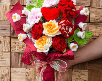 Bouquet De Fleurs Au Crochet Avec Carte - Roses Tricotées Main, Décoration Intérieure, Cadeau Fête Des Mères