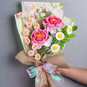 Crochet Peony Flowers Bouquet for Home Decoration, Handmade Finished Knitted Flower Bouquet for Housewarming Mother&#39;s Day Gift