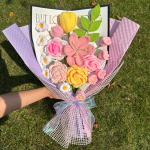 Crochet Flowers Bouquet, Tulips, Roses. Handmade Christmas Gift, Finished Product, Birthday, Mom, Girlfriend, Grandma, Wife, Gift For Her