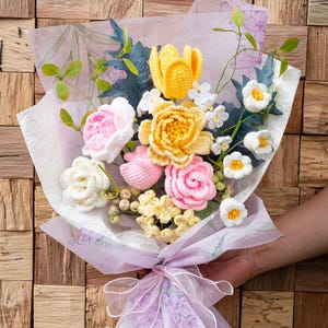 Spring Romance Crochet Flowers Bouquet for Mother&#39;s Day Anniversary, Personalized Knitted Flower Bouquet with Peony Rose Tulip