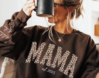 Personalized Leopard Mama Sweatshirt - Custom Kid's Name Sleeve