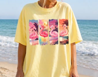 Camiseta Flamingo Sunset Comfort Colors, camiseta playera retro de moda, camiseta rosa tropical de verano, camiseta para vacaciones costeras, camiseta con estampado vintage