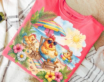 Grappig shirt kip comfortabele kleuren, kleurrijk T-shirt kip, schattig shirt boerderijdieren, shirt zomerstrand, cadeau voor haar, trendy grafisch T-shirt