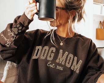 Custom Leopard Dog Mom Sweatshirt With Kid Name On Sleeve, Personalized Dog Mom Sweatshirt, Gift For Mom, Mothers Day Gift, Mom Est Year