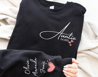 Sudadera personalizada para tía: nombres personalizados para sobrinos y sobrinas, revelación de embarazo