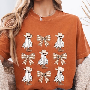 Spooky Cowgirl Vibes Shirt, Halloween Geist Western Shirt, süßes Herbst T-Shirt mit Bögen, kokettes Halloween Shirt, Cowgirl ästhetisches T-Shirt